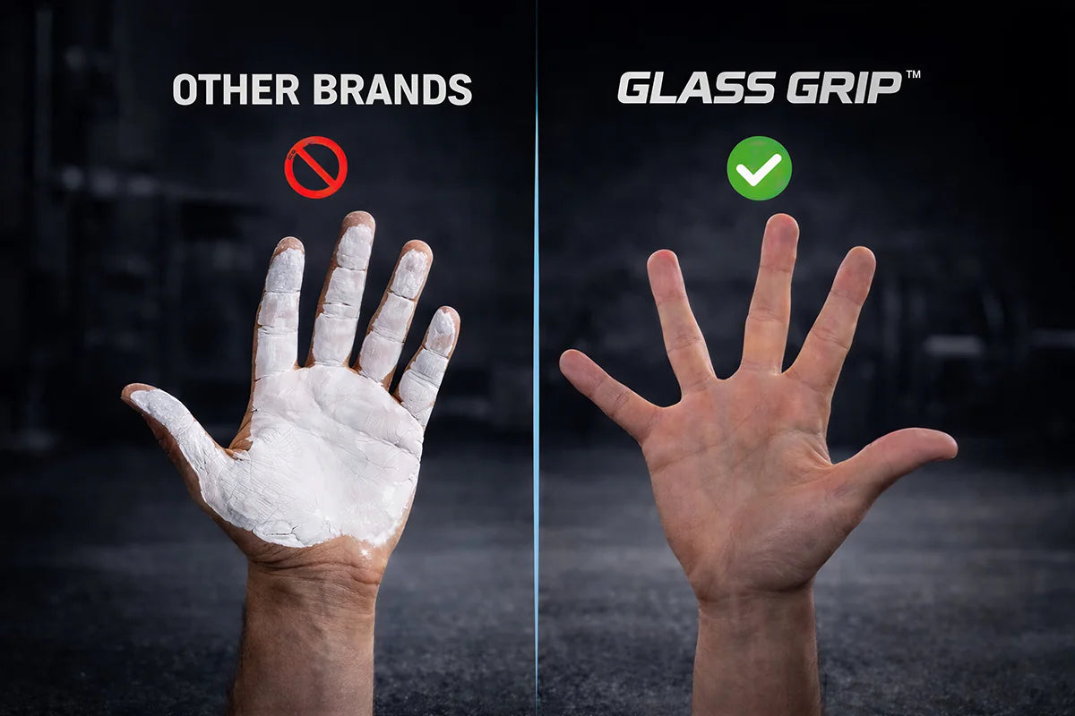 Chalk mess vs clean GlassGrip hands comparison